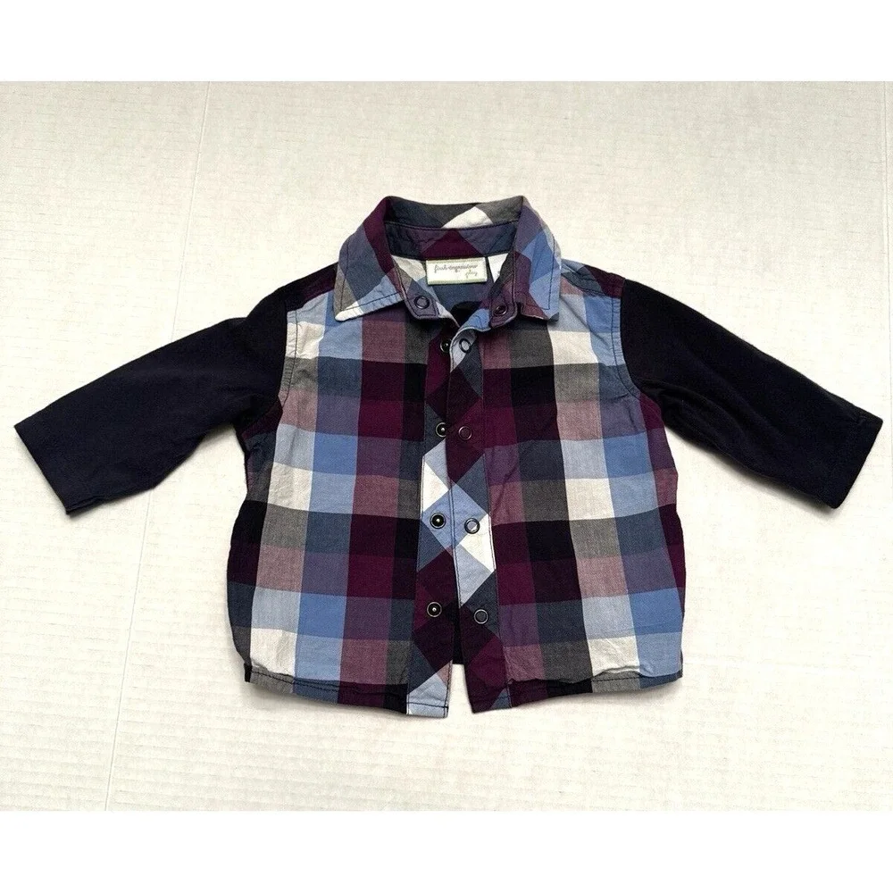 Boys‎ Shirt Baby Infant Plaid Long Sleeve Snap Up with Henley 3-6 mos. Blue